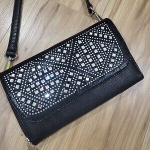 Bebe Onyx Black Studded Bling Clutch Wallet Crossbody EUC